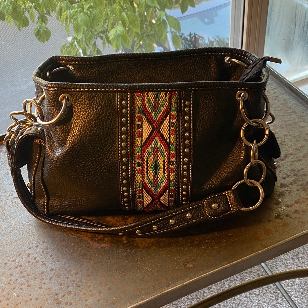 American Bling Black Leather Concealed Carry Shoulder Bag Embroidered Design